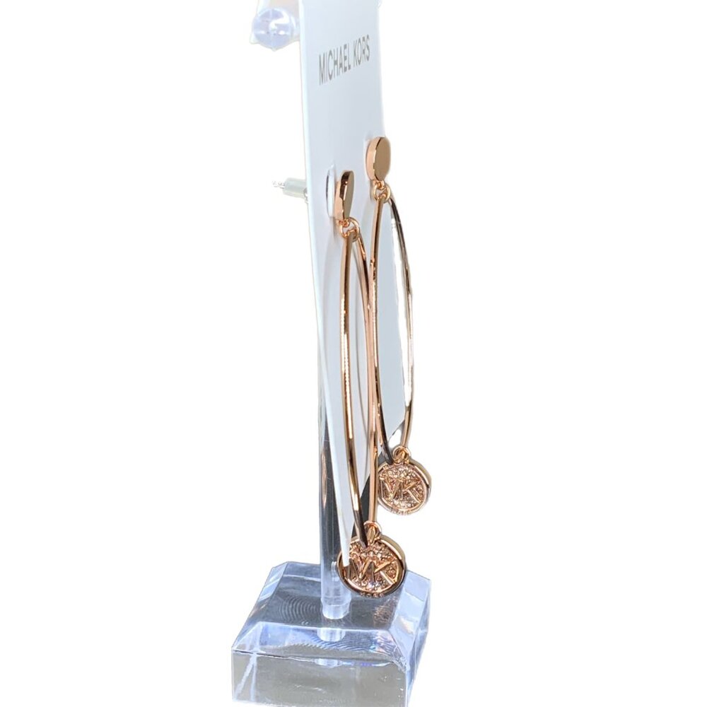NEW! Michael Kors Charm Dangle Large Hoop Earrings Pave Crystals Rose Gold MK - Picture 9 of 15